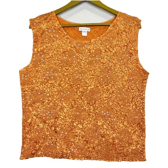 Vintage Y2K Crinkle Textured Orange Tank Top Size L Floral Sequins Fairy Boho - Picture 1 of 4